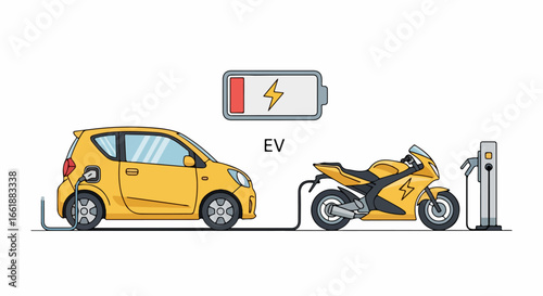 Yellow Electric Car and Motorcycle Charging Together.