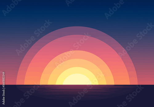 Vibrant sunset over a calm ocean, with colorful gradient skies reflecting tranquility and beauty