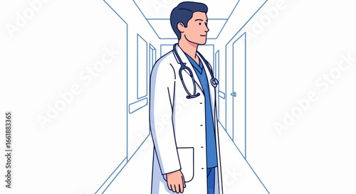 Young Male Doctor Standing in Hospital Corridor.