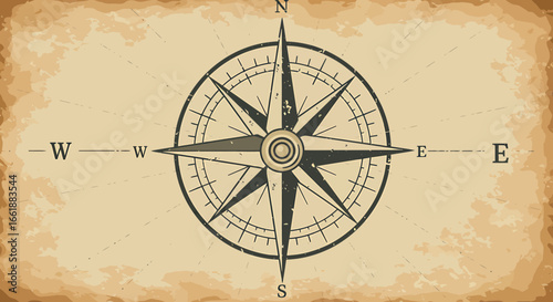 Vintage compass illustration on aged parchment background, symbolizing navigation and exploration