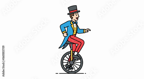 Cartoon Man Riding a Unicycle with Top Hat and Formal Attire.