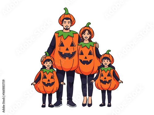 Family Fun in Pumpkin Costume: A family happily poses together wearing vibrant pumpkin costumes, embodying the festive spirit of Halloween, with a touch of whimsical charm.