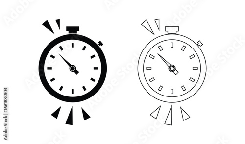 Two stopwatch icons one solid black one outline with vibrating lines