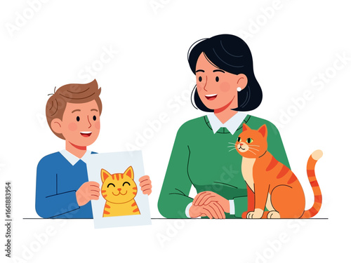 Artistic Bond: A young boy proudly presents a vibrant drawing of a cat to his mother, alongside the real feline companion.