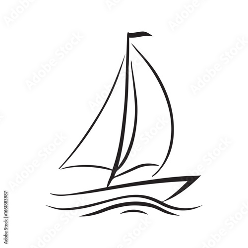 Minimalist Line Art of a Sailing Boat on Water with Elegant Waves for Graphic Design