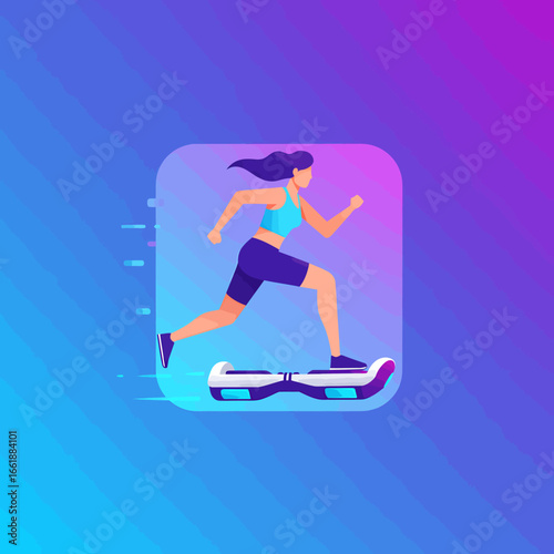Young woman running on a hoverboard, showcasing dynamic movement against a vibrant gradient backdrop