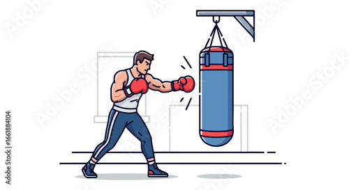 Young athletic man in red boxing gloves punching a blue and red heavy bag illustration.