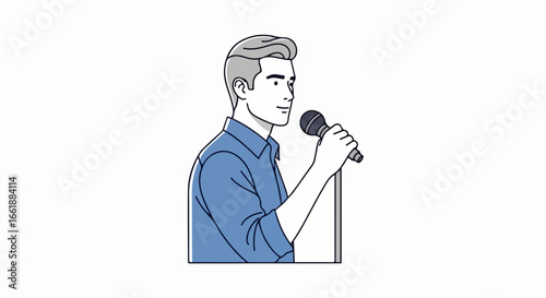 Young Man Singing into Microphone, Line Art Illustration.