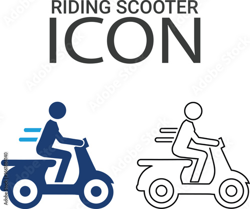 Riding scooter icons, Line art icons design. Containing car, bike, plane, train, bicycle, motorbike, bus, and scooter icons. Solid icon collection.