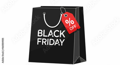 Black Friday shopping bag with a red percentage off discount sale tag.