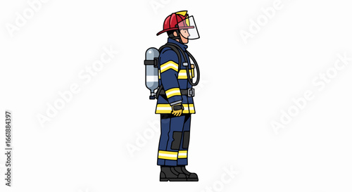 Firefighter in Full Gear, Side View, Ready for Action.
