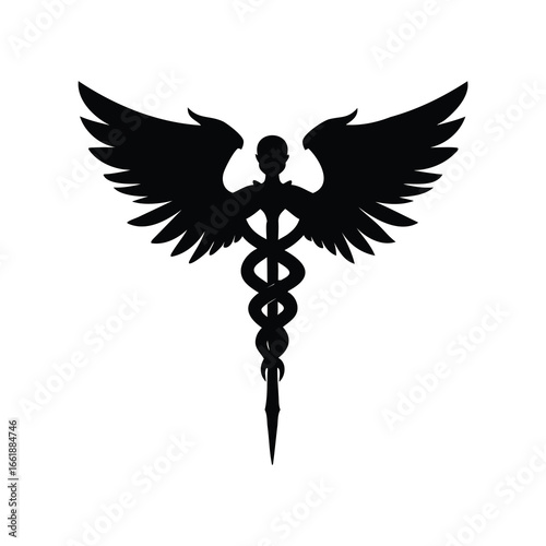 Winged Caduceus Black Silhouette on White Background, Emblem of Healthcare, caduceus staff with wings silhouette vector illustration