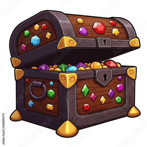 Colorful treasure chest overflowing with jewels and gems, set against a whimsical fantasy backdrop