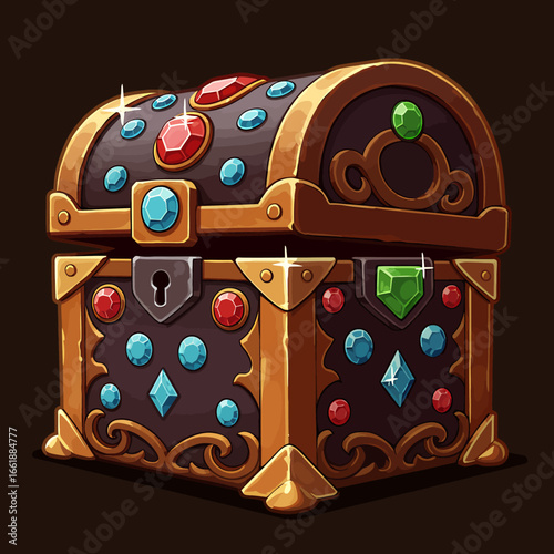 Colorful treasure chest adorned with gems and intricate designs, set against a dark background