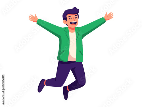 Joyful leap: A vibrant cartoon illustrates a joyful person jumping with open arms, radiating happiness and a zest for life.