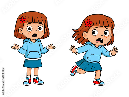Cartoon girl showing surprise and fear with open arms and facial expression, wearing blue hoodie