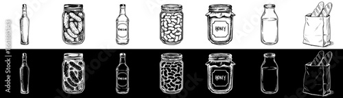 Isolated vector image of various jars and bottles with products on transparent and black backgrounds, pencil drawing, chalk drawing, image set, seamless border  