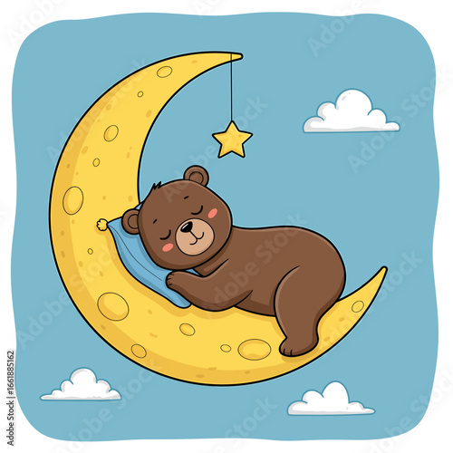 Cute cartoon bear sleeping peacefully on a crescent moon with stars and clouds in a dreamy sky