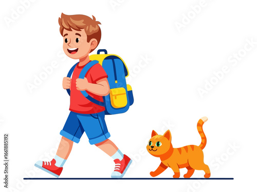 School Adventure: A lively boy strides forward, his backpack ready for learning, as a curious cat walks alongside him, exuding a heartwarming bond of friendship.