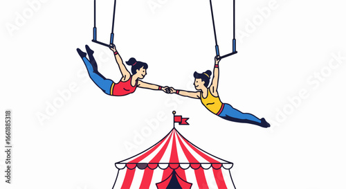Two Acrobat Women Performing Aerial Trapeze Act with Circus Tent.