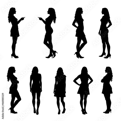 Four vector silhouettes of young women posing wearing short skirts, isolated on a white background