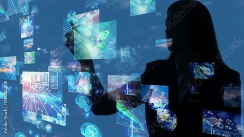 Silhouette of person interacting with a dynamic display of images