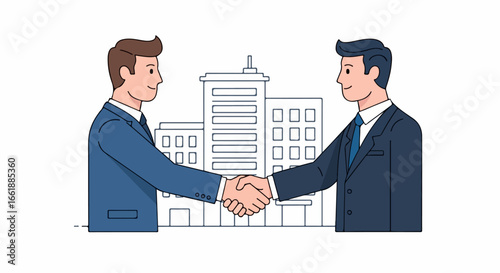 Two Businessmen Shaking Hands in Front of Buildings.