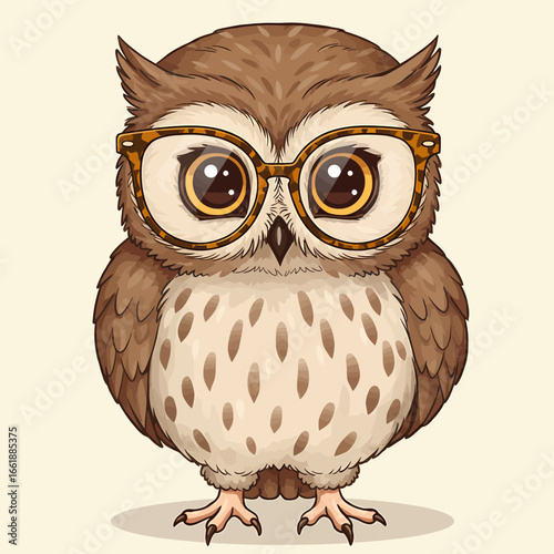 Cute cartoon owl wearing glasses, standing upright against a plain background, showcasing its features