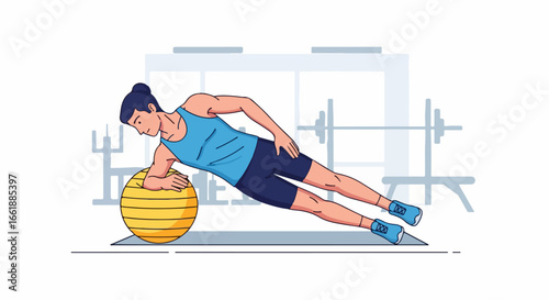 Woman doing side plank exercise with fitness ball in gym.
