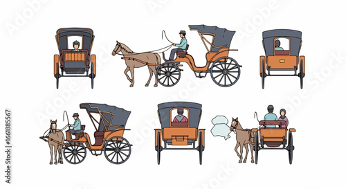 Vintage Horse-Drawn Carriages with Passengers and Drivers.