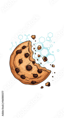 Sweet delicious chocolate chip cookie crumbling into scientific molecules and particles