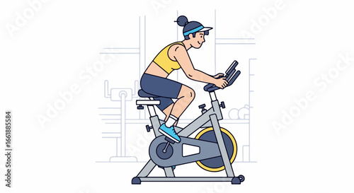 Woman cycling on stationary exercise bike in gym.