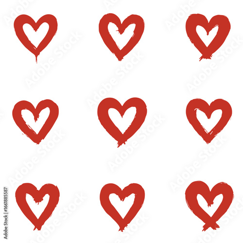 Artistic red hearts show love and romance, hand-drawn vector graphics with unique styles on a white background for Valentine's Day, silhouette