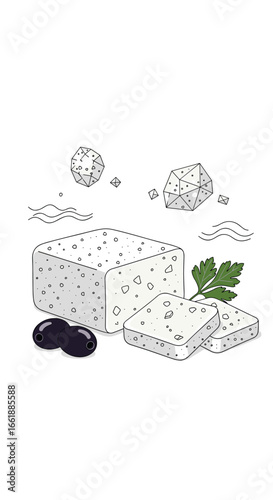 Delicious block of feta cheese with olives and parsley garnish beautifully arranged on white background