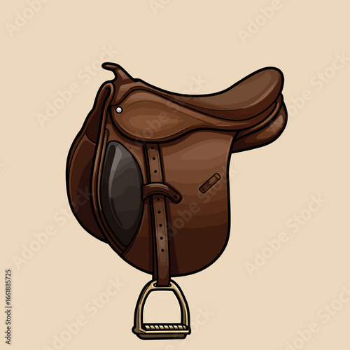 Detailed illustration of a brown leather saddle on a light background, showcasing craftsmanship