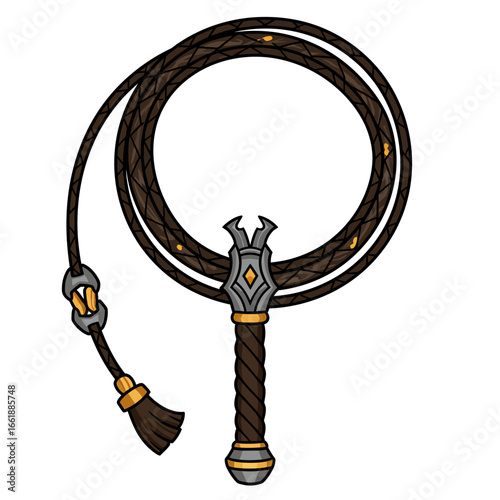Detailed illustration of a decorative whip with a braided handle and ornate metallic accents