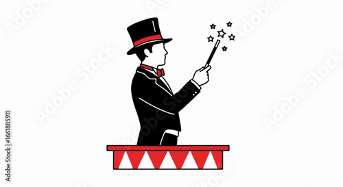 Classic Magician with Top Hat and Magic Wand Performing on Stage.