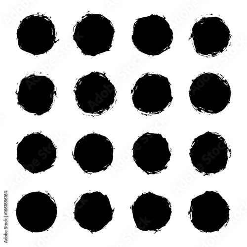 Oval and circle sketch shape, round charcoal marker, ink paint brush, grunge organic blob, irregular stain, black stroke spot isolated on white background.	
