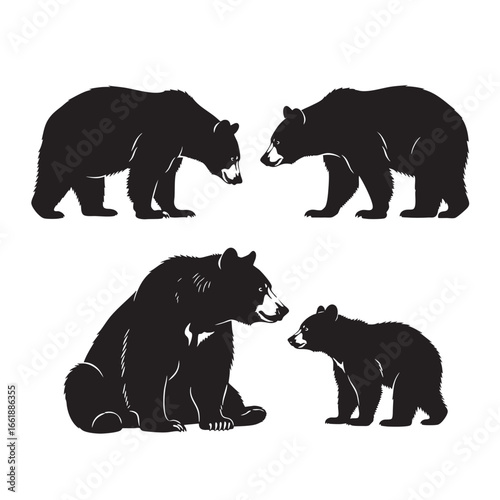Black silhouettes of two adult bears and a cub in various poses on a white background family