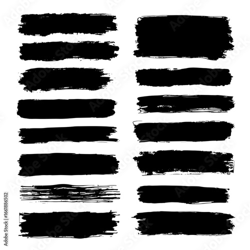 A collection of modern grungy paint brush strokes is presented, featuring calligraphy with straight smears, stamp, and lines, all hand drawn in ink and isolated on a white background with modern