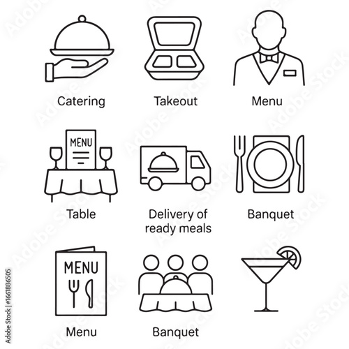 Catering line icon set. Catering service, food, delivery of ready meals, guest service, menu for event, banquet vector