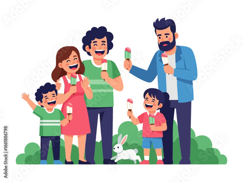 Sweet Moments:  A joyful family scene unfolds as individuals relish ice cream in an animated illustration of simple bliss and familial bond.