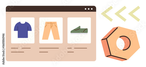 Browser window displaying a shirt, pants, and shoe, alongside navigation arrows and geometric shape. Ideal for e-commerce, user interface design, online retail, digital marketing, website layout