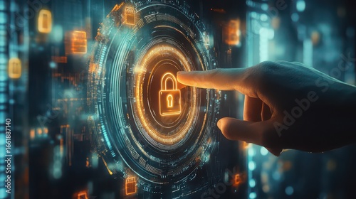 Hand interacting with digital padlock on glowing screen