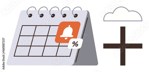 Desk calendar with highlighted reminder bell and percentage icon, complemented by cloud and add cross graphic. Ideal for scheduling, deadlines, productivity, organization, planning, automation