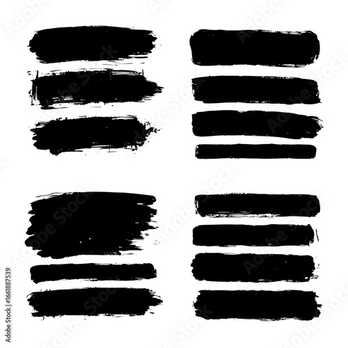 A collection of modern grungy paint brush strokes is presented, featuring calligraphy with straight smears, stamp, and lines, all hand drawn in ink and isolated on a white background with modern