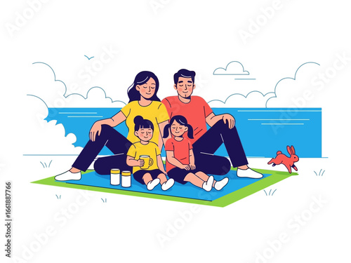 Family Seaside Picnic: A close-knit family enjoys a cheerful picnic on the beach. They are seated together on a picnic blanket, with parents and their children smiling warmly towards each other. 