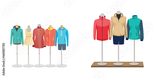 Light jackets and windbreakers in various stands vector art design illustration