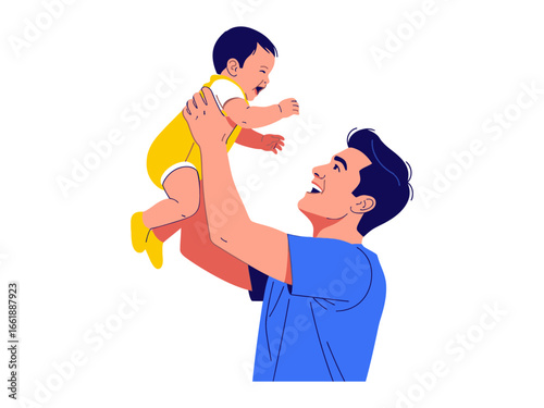 Father and Baby Playtime: A heartwarming moment of a father joyfully lifting his baby in the air, filled with love, laughter, and the pure bliss of a father-child connection.