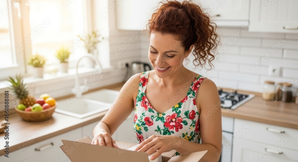 A woman in a floral dress opening a cardboard box in a kitchen. A woman in a floral dress opening a cardboard box in a kitchen.